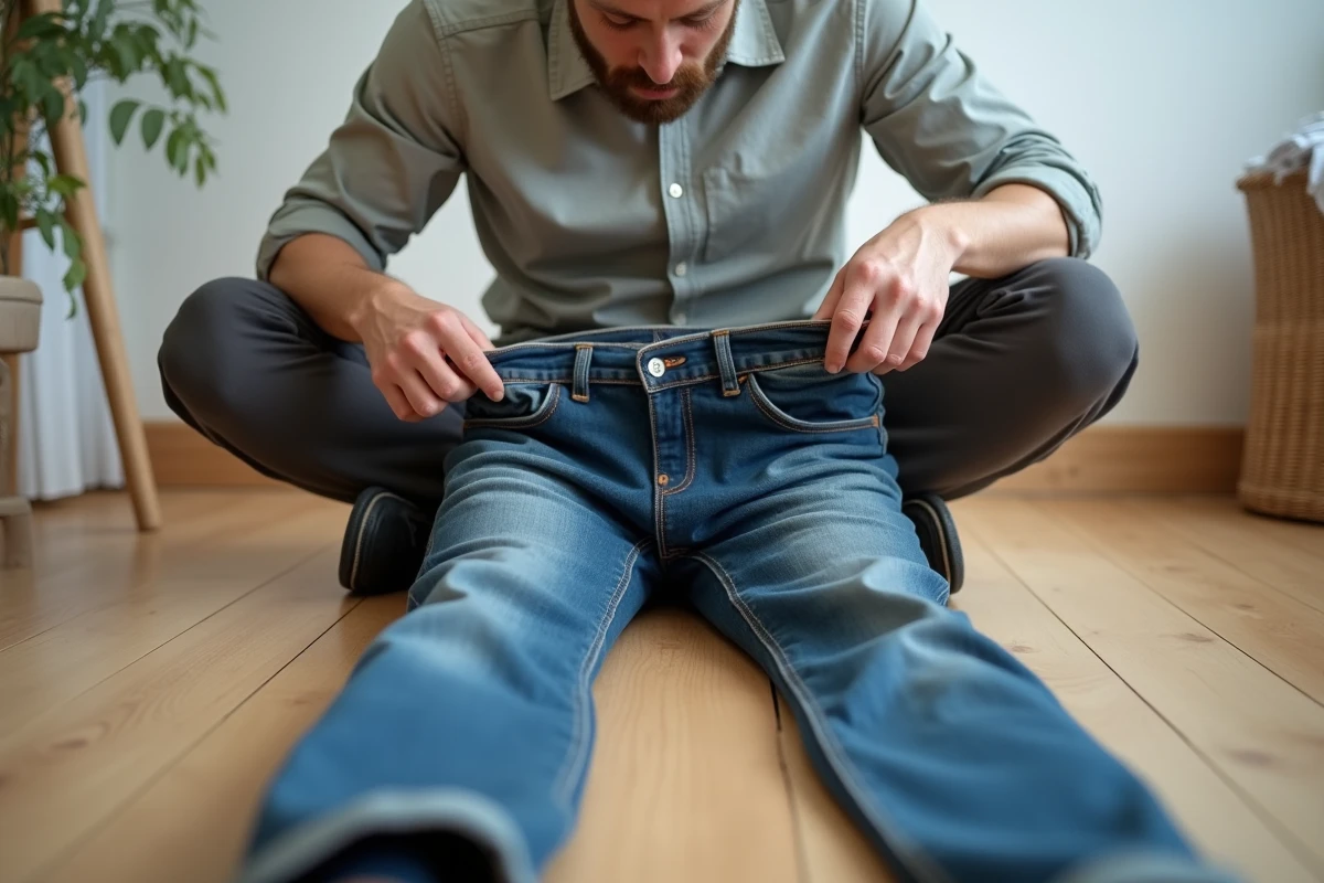 Homme ajustant un jean humide posé à plat sur un parquet, technique de remodelage du denim sans couture ni retouche