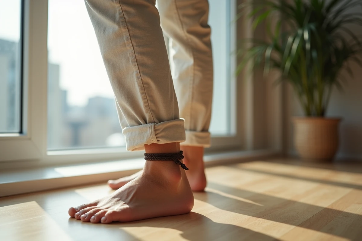 Homme regardant son anklet en cuir dans un intérieur lumineux