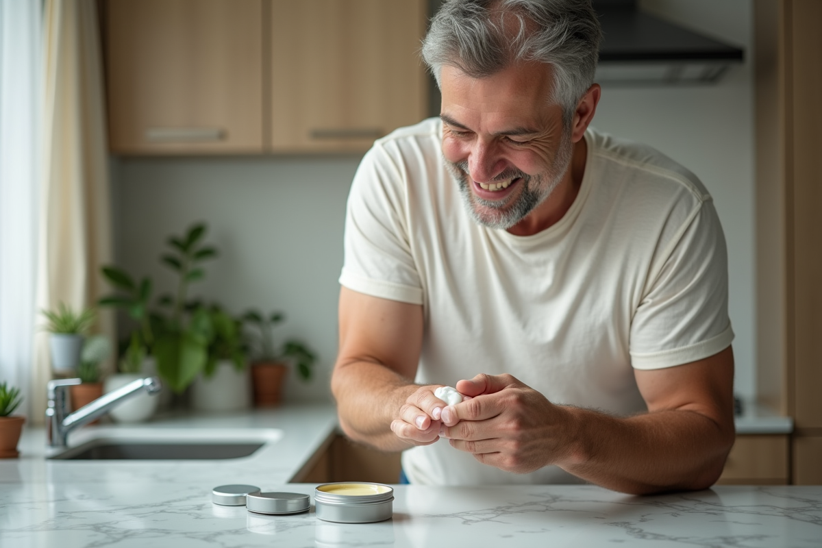 Homme applique crème sur la main dans la cuisine