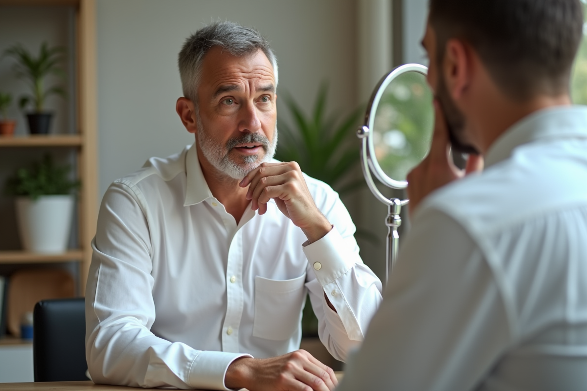 Homme d age moyen se regarde dans un miroir