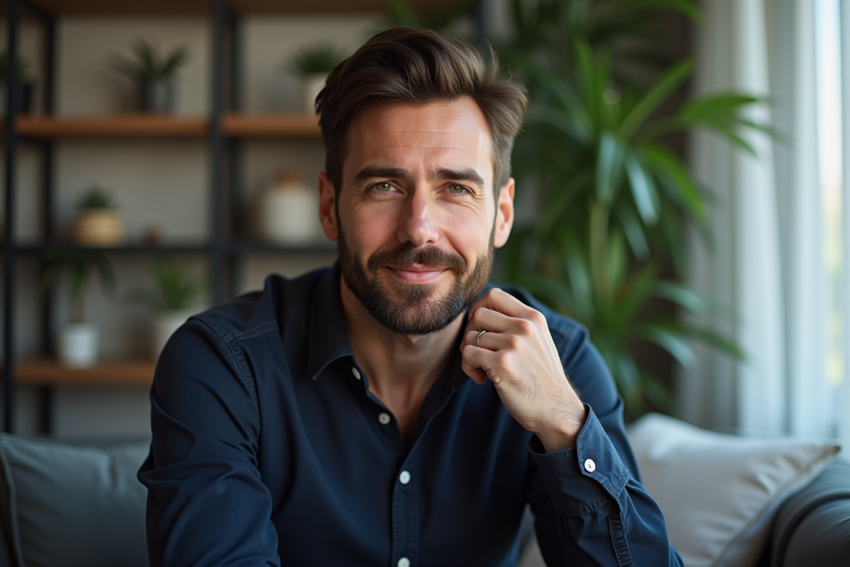 Homme soigné en chemise bleue dans un salon moderne