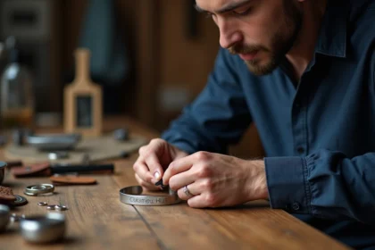 Homme tenant un bracelet argent personnalisé gravé dans un atelier de bijouterie artisanale