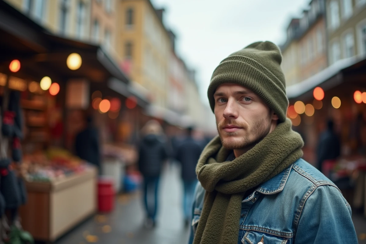 Homme portant un bonnet vert abordable sur un marché de rue avec des accessoires d'hiver en vente