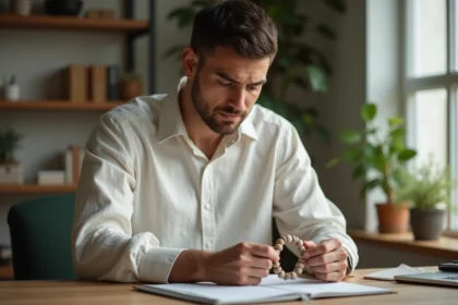 Homme tenant un bracelet en pierres naturelles entre ses doigts, examinant les détails des perles sur un bureau en bois minimaliste