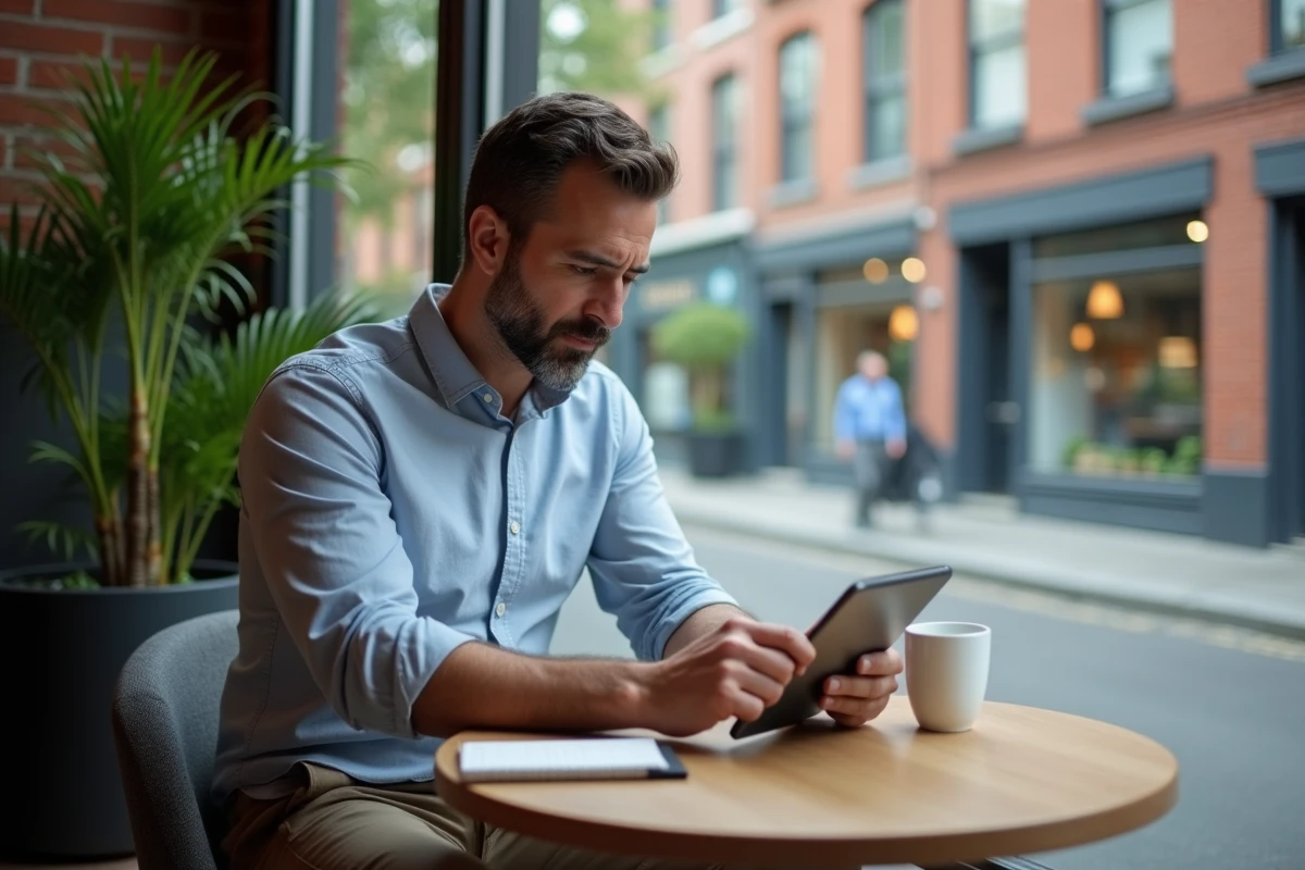 Homme regardant un site de vetements sur sa tablette au cafe