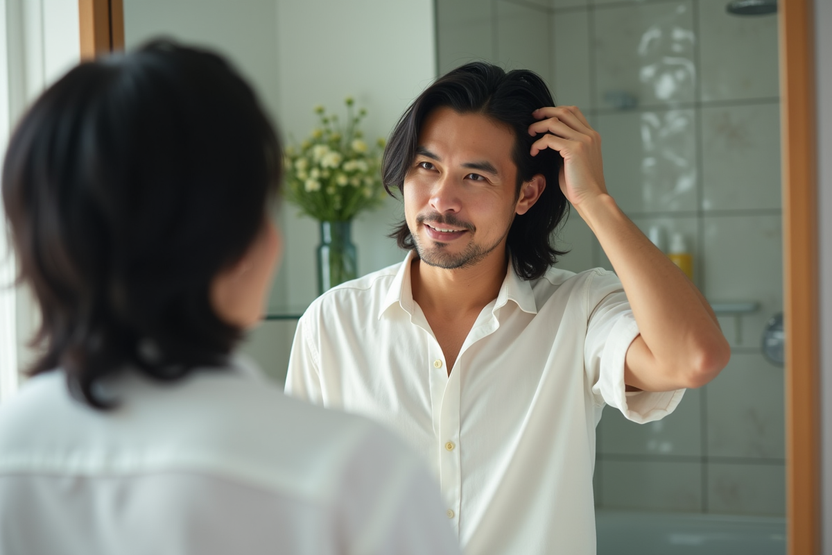 Homme dans la salle de bain se coiffant devant le miroir