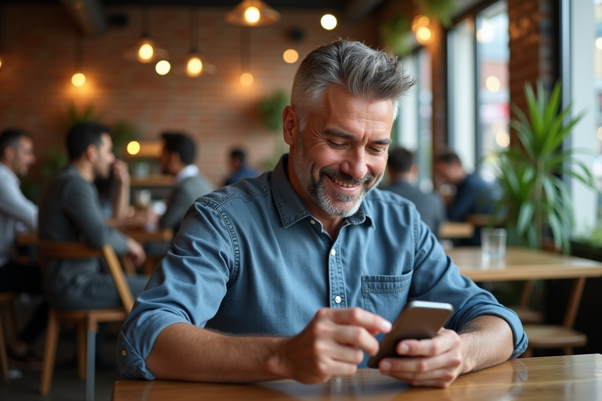 Homme souriant dans un café urbain avec miroir compact