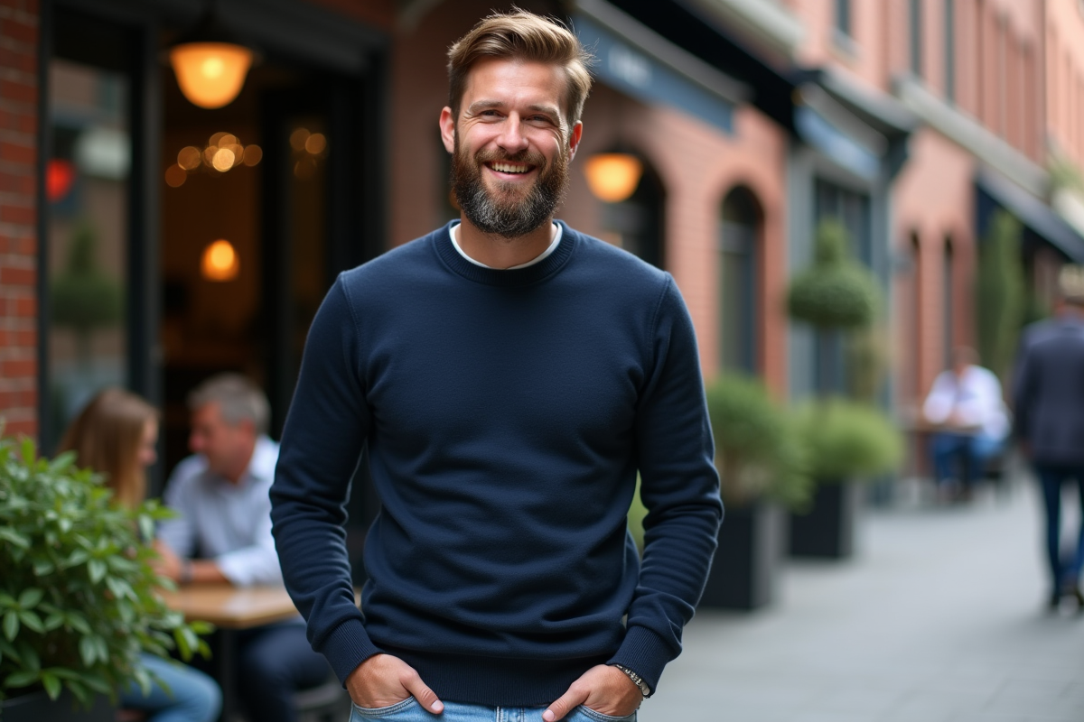 Homme souriant avec barbe dans un café urbain