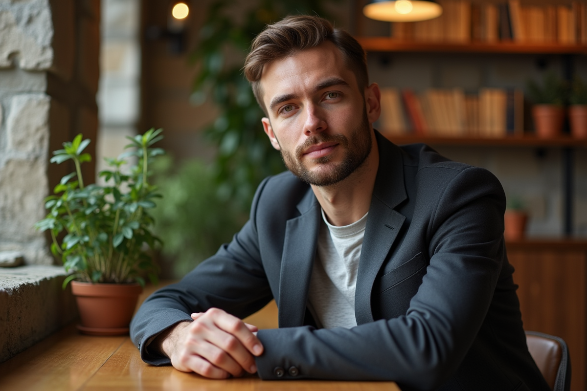 Homme en blazer dans un café moderne et chaleureux