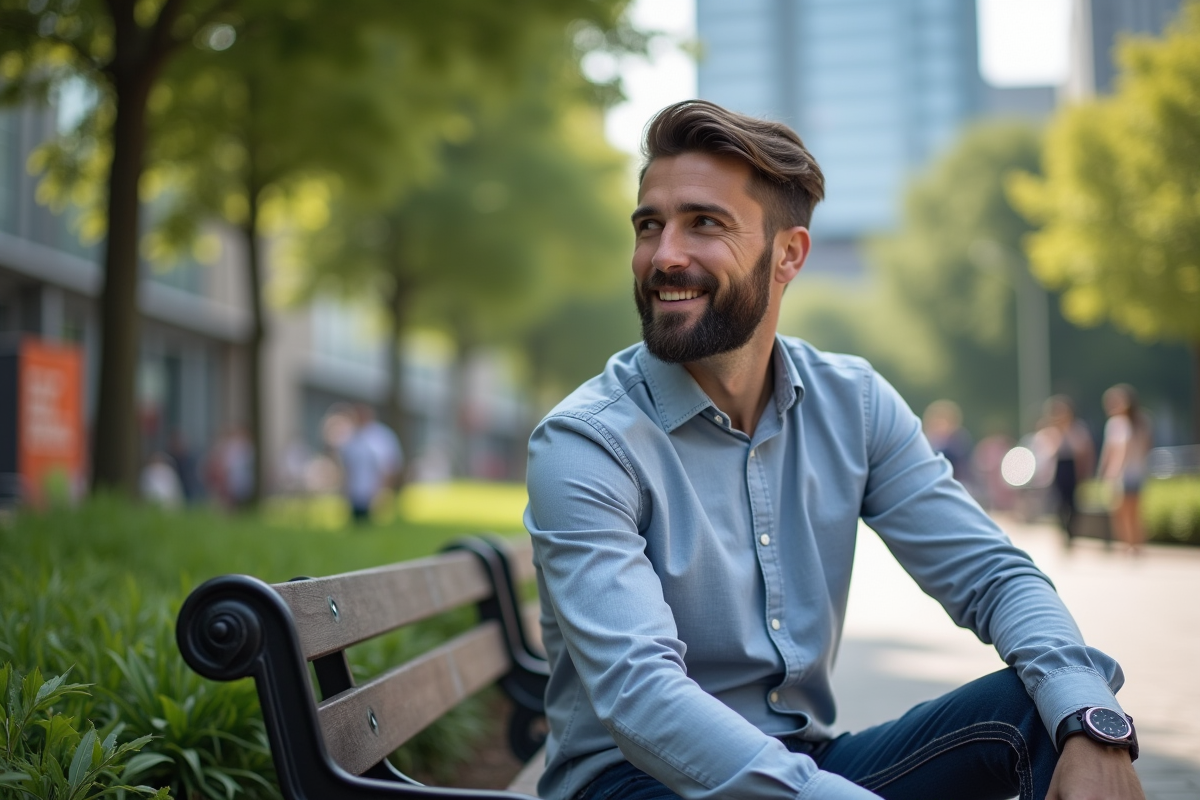 Homme en ville assis sur un banc dans un parc urbain