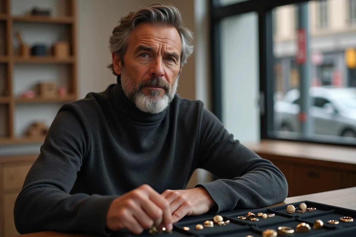 Homme mature choisissant une bague chevalière personnalisée dans une boutique de bijoux contemporaine