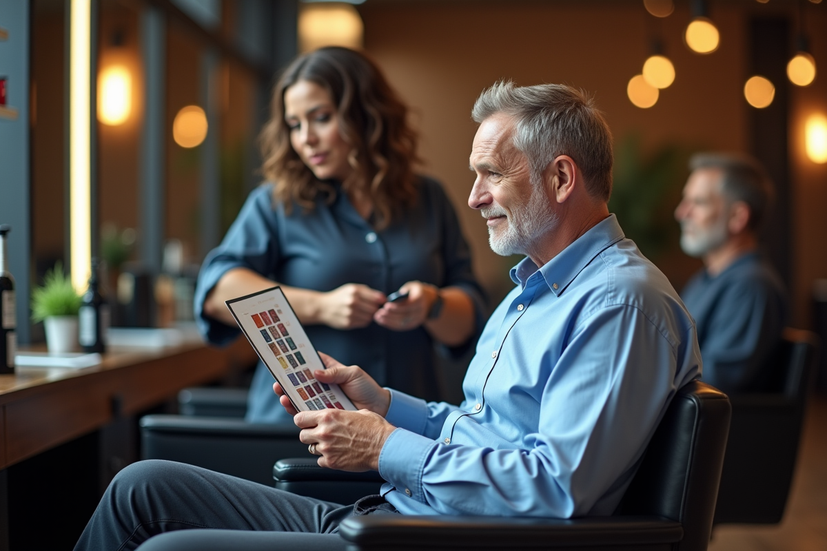 Homme mature dans un salon de coiffure avec échantillons de couleur
