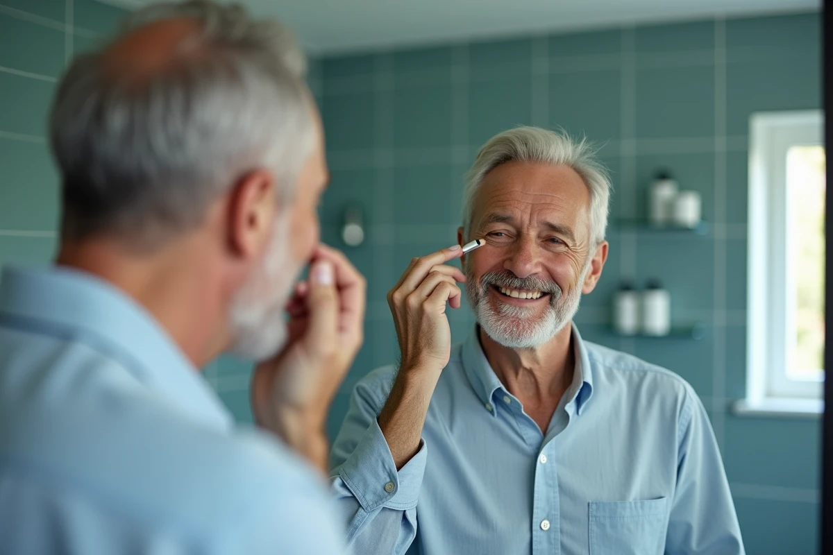 Homme appliquant du concealer devant le miroir de salle de bain