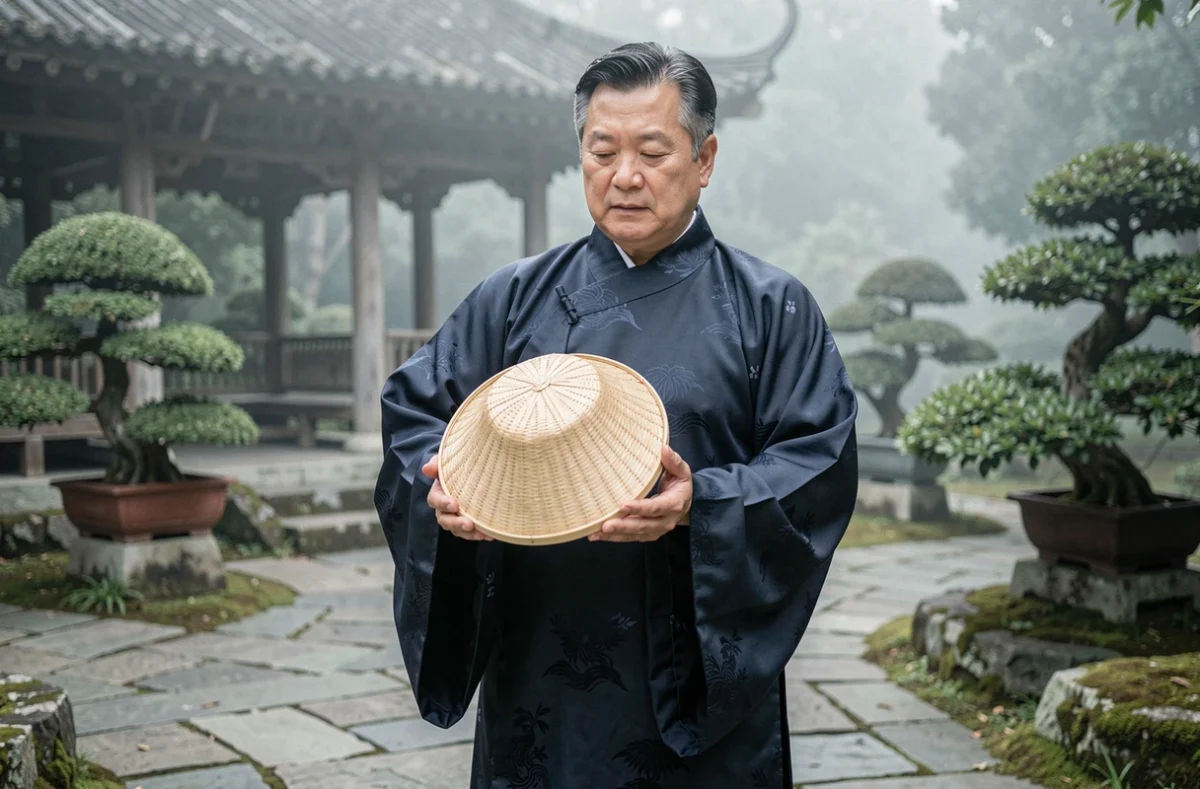 Homme en tenue Hanfu traditionnelle tenant avec respect un chapeau en bambou dǒulì dans un jardin asiatique paisible