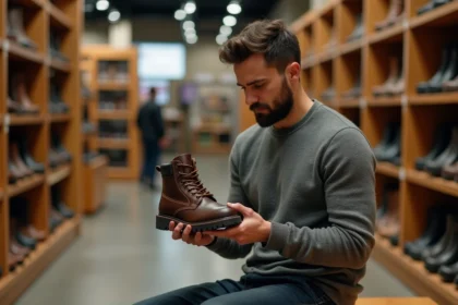 Homme examinant attentivement une paire de rangers en cuir brun dans un magasin de chaussures, avant achat