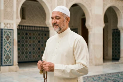 Homme portant un kufi blanc traditionnel dans la cour d'une mosquée, symbole d'identité religieuse musulmane