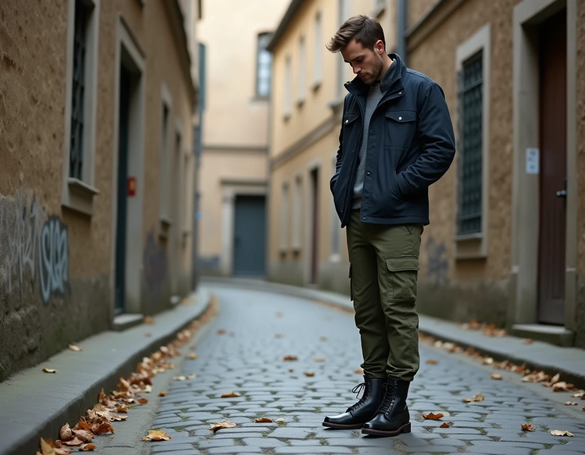 Jeune homme lacant ses rangers militaires noires dans une ruelle pavée, illustrant les erreurs de choix de pointure et de style