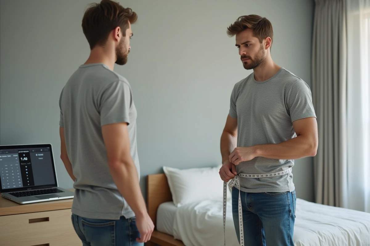 Homme se mesurant avec un mètre ruban devant un miroir en consultant un tableau de conversion de tailles de vêtements