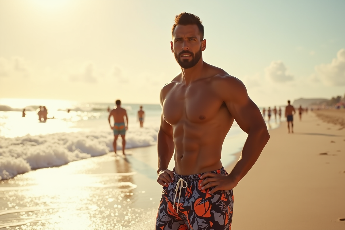 Homme musclé en maillot moderne sur la plage ensoleillee