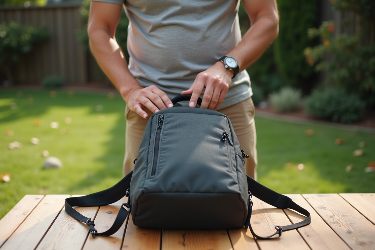 Homme nettoyant un sac à dos en plein air dans un jardin