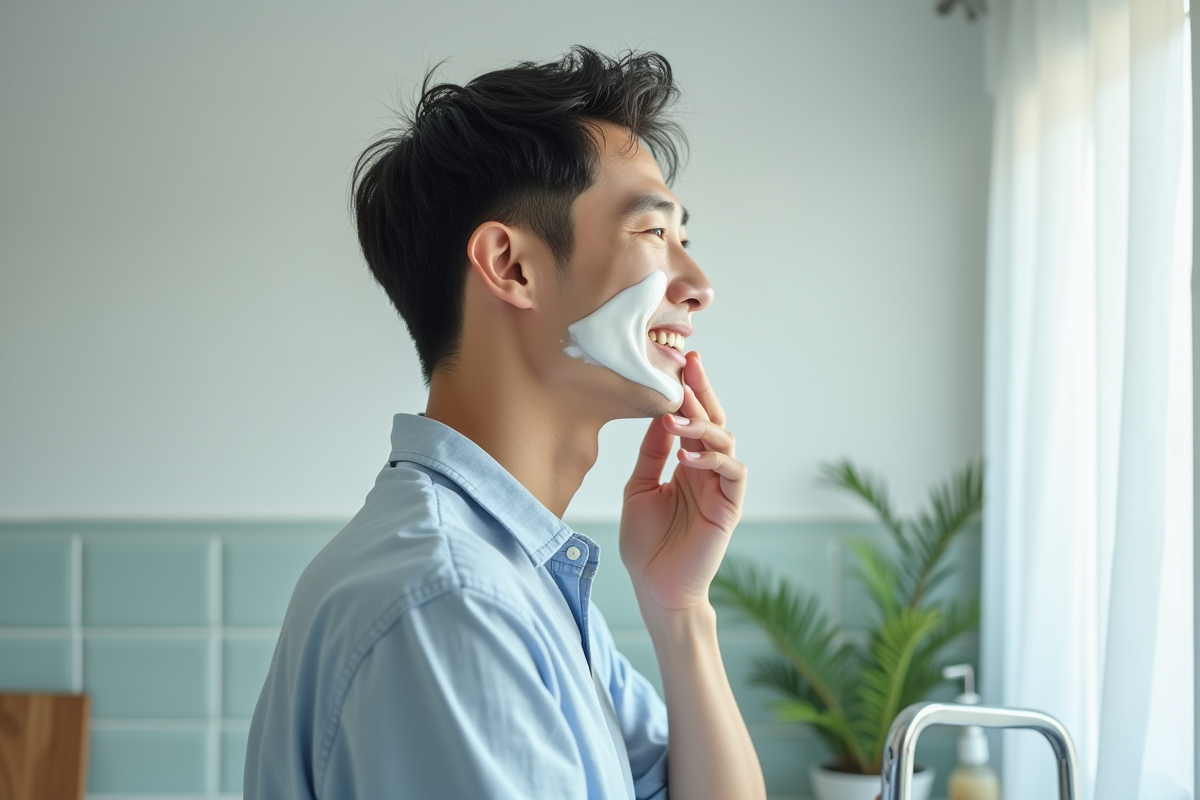 Homme coréen utilisant un nettoyant visage dans la cuisine