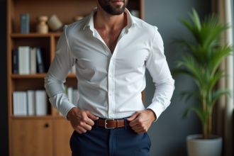 Homme en chemise blanche ajustant sa ceinture en cuir
