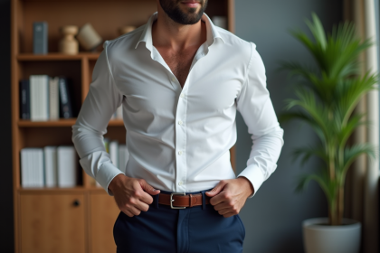 Homme en chemise blanche ajustant sa ceinture en cuir