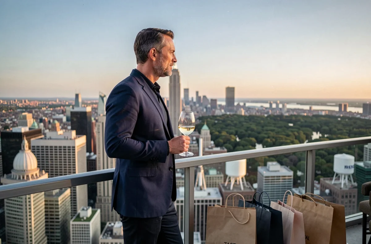 Homme élégant savourant un verre de vin blanc sur un rooftop new-yorkais avec les gratte-ciels de Midtown en arrière-plan et des sacs de shopping à ses pieds