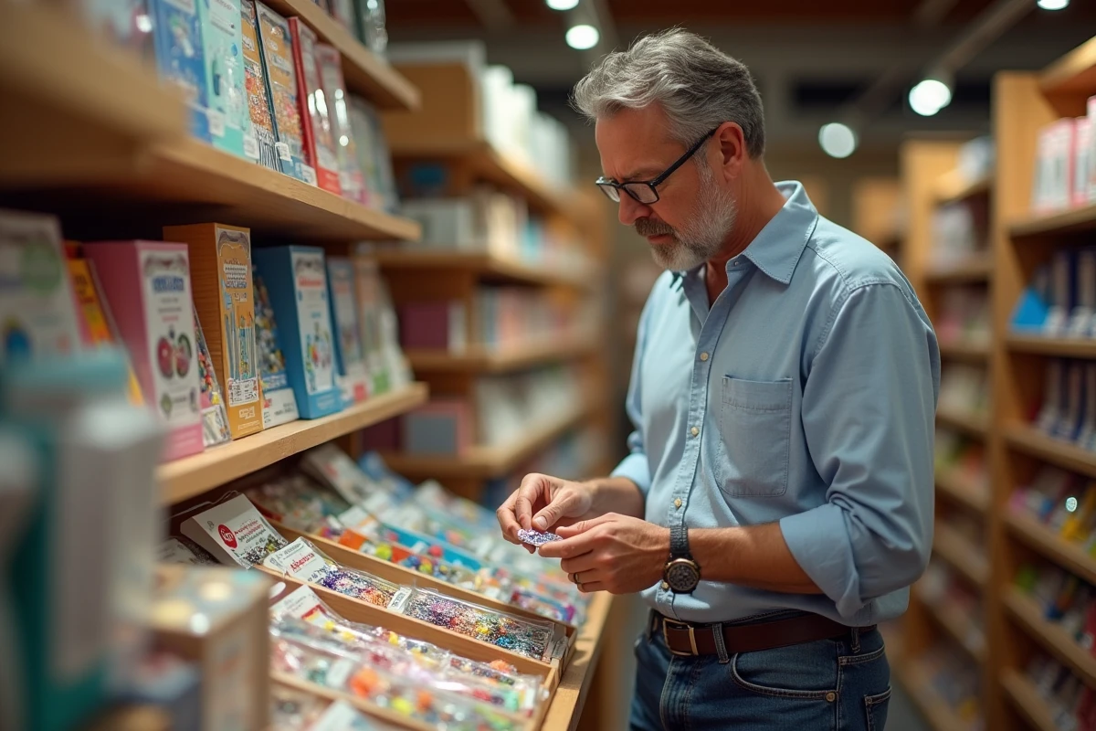 Homme regarde un display de kits de bracelets en magasin