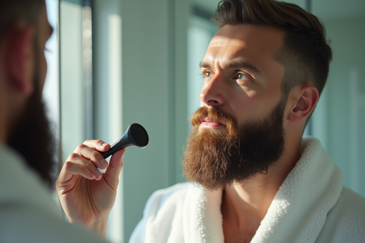 Homme avec barbe soignee regardant dans le miroir dans une salle de bain lumineuse