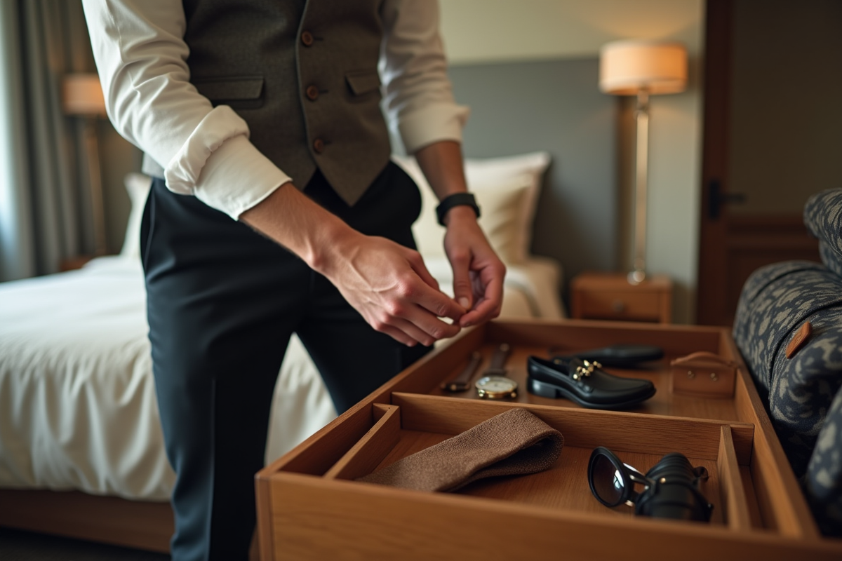 Homme élégant choisissant accessoires dans une chambre lumineuse