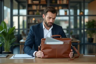 Homme en costume navy dans un bureau moderne