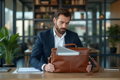 Homme en costume navy dans un bureau moderne