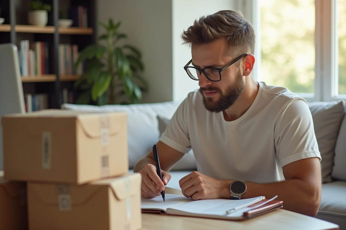 Homme travaillant sur ordinateur avec colis prêts à expédier