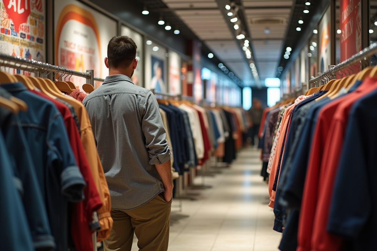 Homme inspectant un rayon de vêtements en magasin