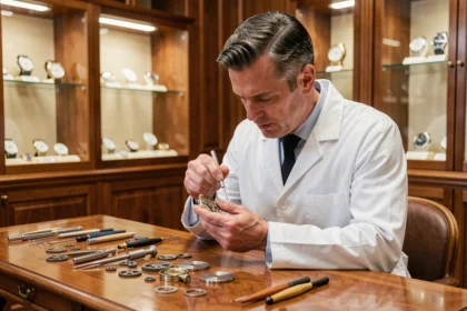 Horloger Richemont inspectant le mouvement d'une montre de luxe suisse dans un atelier de Genève