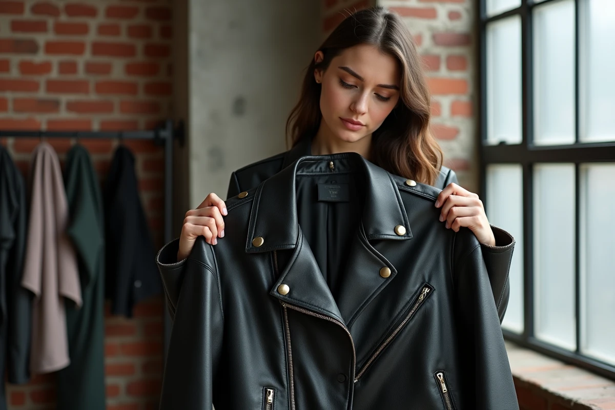 Femme inspectant une veste en cuir noir vintage sous la lumière naturelle dans un appartement loft