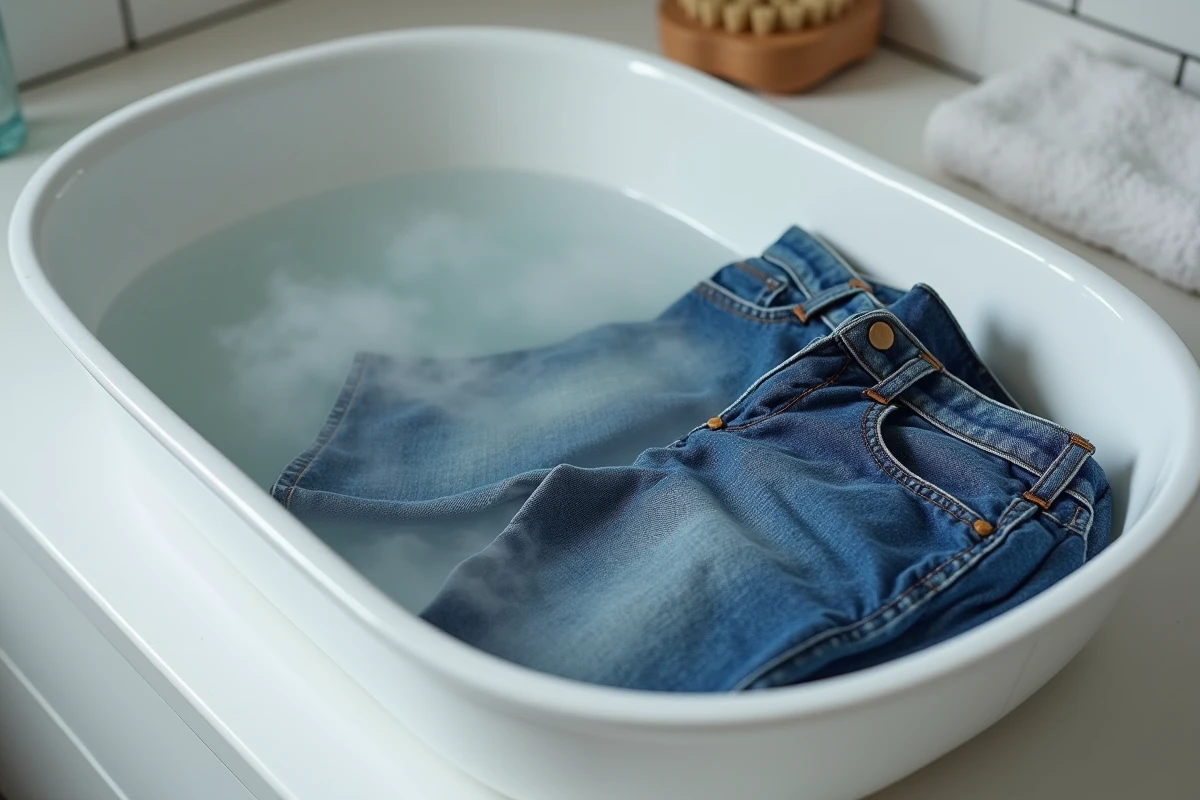 Jean en denim trempé dans un bac d'eau chaude avec vapeur, méthode naturelle pour faire rétrécir un jean à la maison