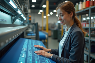 Jeune ingénieure textile examinant un écran tactile numérique