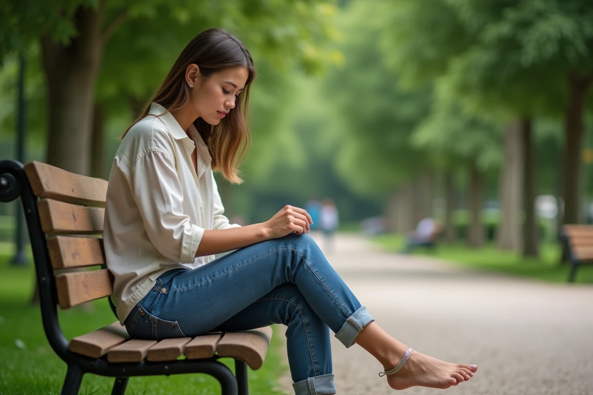 Jeune femme ajustant une anklet en argent dans un parc