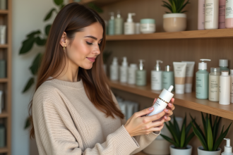 Jeune femme examine des produits de beauté dans un magasin naturel