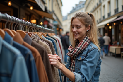 Jeune femme souriante dans une brocante parisienne