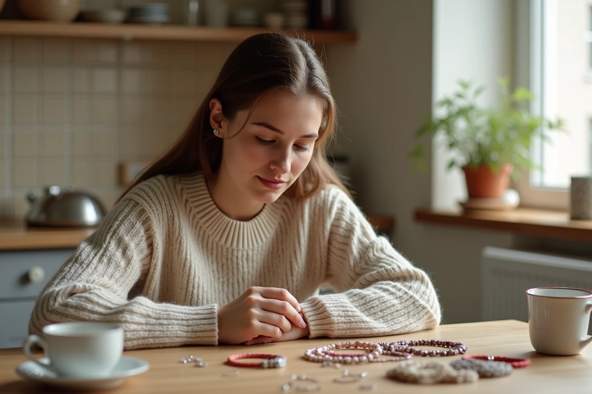 Jeune femme examine un kit de bracelet débutant à la maison