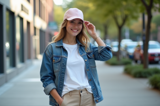 Jeune femme souriante ajustant un bonnet pastel en ville