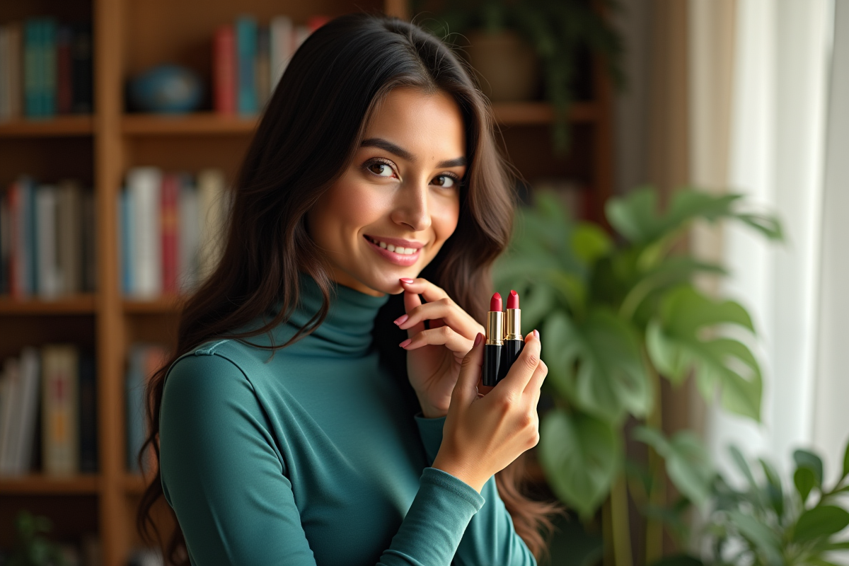 Jeune femme souriante tenant plusieurs rouges à lèvres