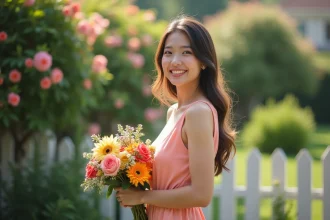Jeune femme souriante avec bouquet dans un jardin