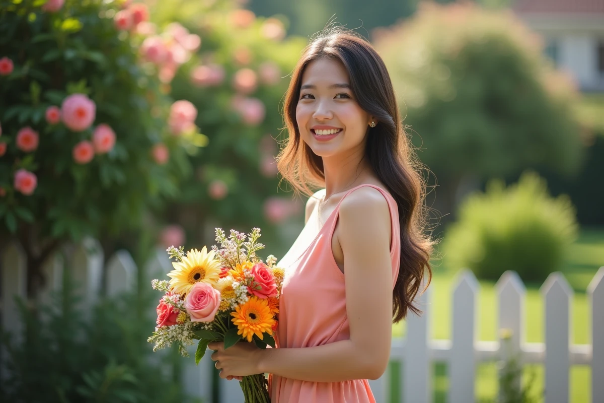 Jeune femme souriante avec bouquet dans un jardin