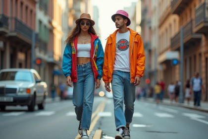 Jeune femme et homme en mode 90s dans la rue urbaine