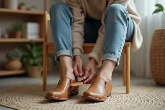 Jeune femme insérant une semelle dans ses chaussures en cuir