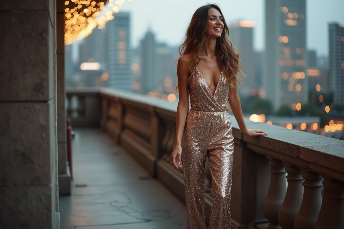 Jeune femme en jumpsuit souriante sur un balcon avec vue sur la ville